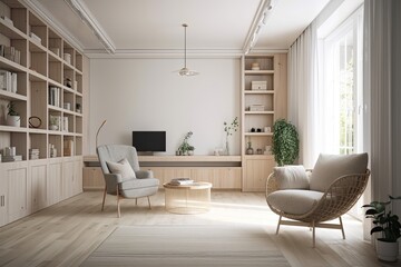 Interior of a light living room with a coffee table, bookcases, armchair, curtain, and wooden parquet floor. Scandinavian simple design idea for unwinding and comfort. Generative AI