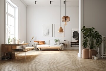 Parquet flooring, a contemporary white decor, and a Scandi Boho aesthetic. Generative AI