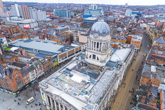 beautiful aerial shot of Old Market Square in Nottingham with student accommodations and offices. High quality photo