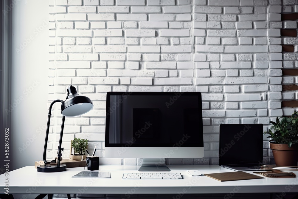 Aufkleber business office background with a blank computer screen in the foreground and a writeable background