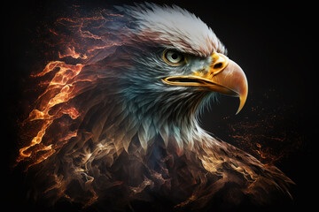 Generative AI. Illustration of fire burning eagle with black background