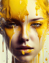 Concept art with yellow liquid dripping on a beautiful woman's face. AI generative