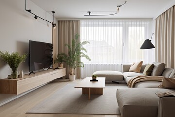 Naklejka na ściany i meble A pleasant living room's interior design includes a TV, a couch, a coffee table, and some faded flowers in a vase. Generative AI