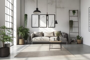 A calm environment with a carpeted sofa and coffee table, a grey concrete floor, a plant, and a lamp with books. a sitting area with three mockup frames lined up against a white wall,. Generative AI