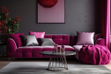 Viva la room background in magenta 2023. Stylish accent furniture for the sofa and table in modern house design. Couch in gray with pillows in burgundy crimson. mock up of a room's interior decor
