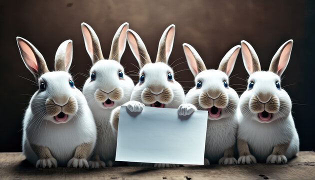 F&uuml;nf s&uuml;&szlig;e Hasen schauen erstaunt mit offenem Mund, ein Hase h&auml;lt ein leeres Blatt Papier (Generative AI)
