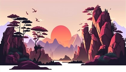 Asian Landscape background flast . Creative illustration. (Ai Generate)