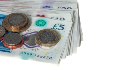 Pile of sterling notes and coins.