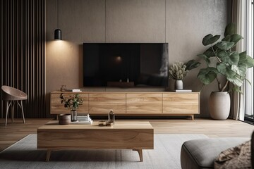 a cabinet TV in a contemporary living room with a light, a table, a flower, and a plant against a wooden wall,. Generative AI