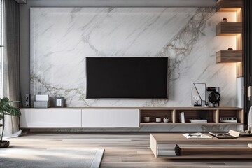 TV on cabinet with marble wall in contemporary living room. Generative AI