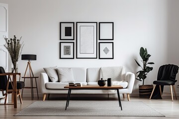A living room with a stylish design that includes a mock up poster frame, a white wall, a coffee table, a vase of dried flowers, and attractive personal items. Elegant interior design. Template