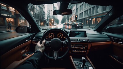 First-person car driver behind the wheel of a car. Generative AI.