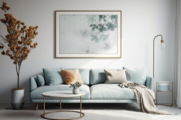a living area with a light blue sofa and a white wall white wall with a blank poster. Generative AI