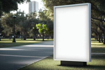 Empty white billboard display sign mockup on path in city park for advertisement, design, marketing