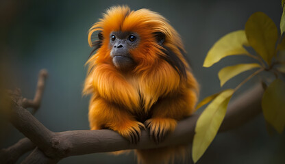 Fototapeta premium a Golden lion tamarin sitting on a branch. AI Generated