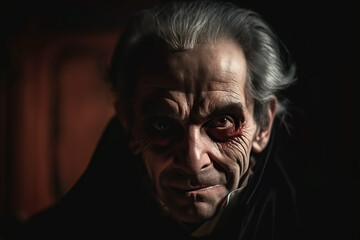 Obraz premium old vampire Count Dracula in red cloak in castle. Generative AI illustration