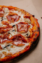 italian pizza, pizza with meat, cheese and bacon