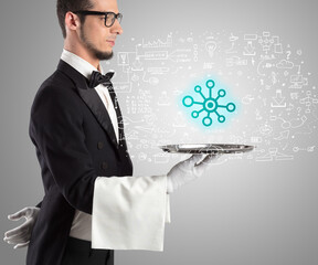 Close-up of waiter serving social media icons