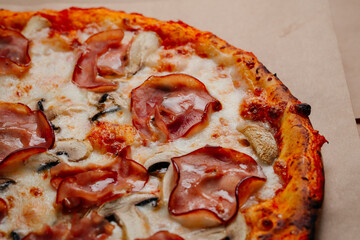 italian pizza, pizza with meat, cheese and bacon