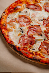 italian pizza, pizza with meat, cheese and bacon