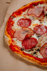 italian pizza, pizza with meat, cheese and bacon