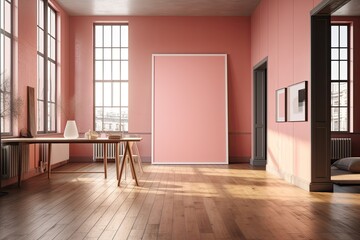 An empty room's interior has walls painted in pink and white, a dark wooden floor, and a vertical mock up poster frame. Idea behind advertising. Generative AI
