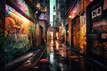 Fototapeta na wymiar cyberpunk street in night with graffiti 