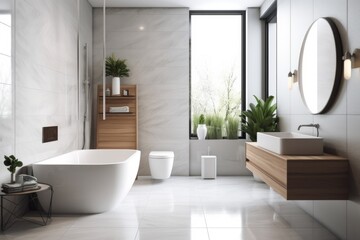 Naklejka na ściany i meble Abstract background image of a modern, spotless bathroom and toilet. Generative AI