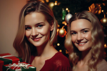 Obraz na płótnie Canvas two young adult women, friends or siblings, in front of a christmas tree at christmas. Generative AI