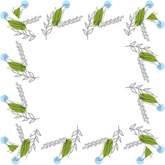 Template frame of spring flowers line art on a white background. Square. Colored. Floral design for wedding invitation, banner, poster.