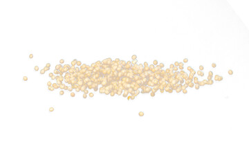 Soy Bean flying explosion, yellow grain beans explode abstract cloud fly. Beautiful complete seed pea soy bean splash in air, food object design. Selective focus freeze shot black background isolated