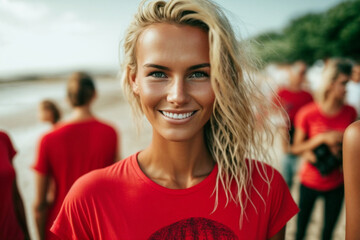 young adult woman with red shirt on the beach with like-minded people, fictional event. Generative AI