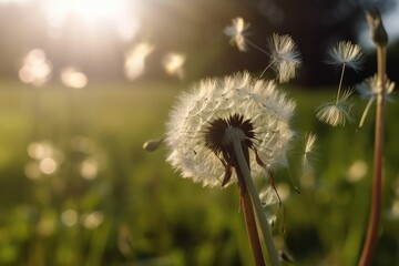 Dandelion in the Field with seeds blowing in the wind - Generative AI