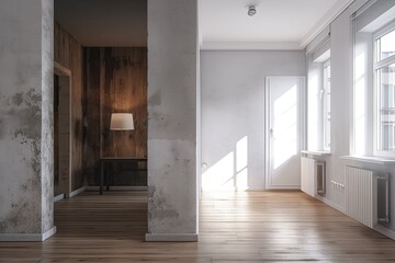 A mock model is set up on a white concrete wall and wooden floor in a contemporary gray room before and after repairs. Generative AI