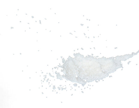 Salt Flying Explosion, Crystal White Grain Salts Explode Abstract Cloud Fly. Beautiful Complete Seed Salt Splash In Air, Food Object Design. Selective Focus Freeze Shot Black Background Isolated