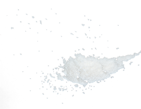 Salt flying explosion, crystal white grain salts explode abstract cloud fly. Beautiful complete seed salt splash in air, food object design. Selective focus freeze shot black background isolated