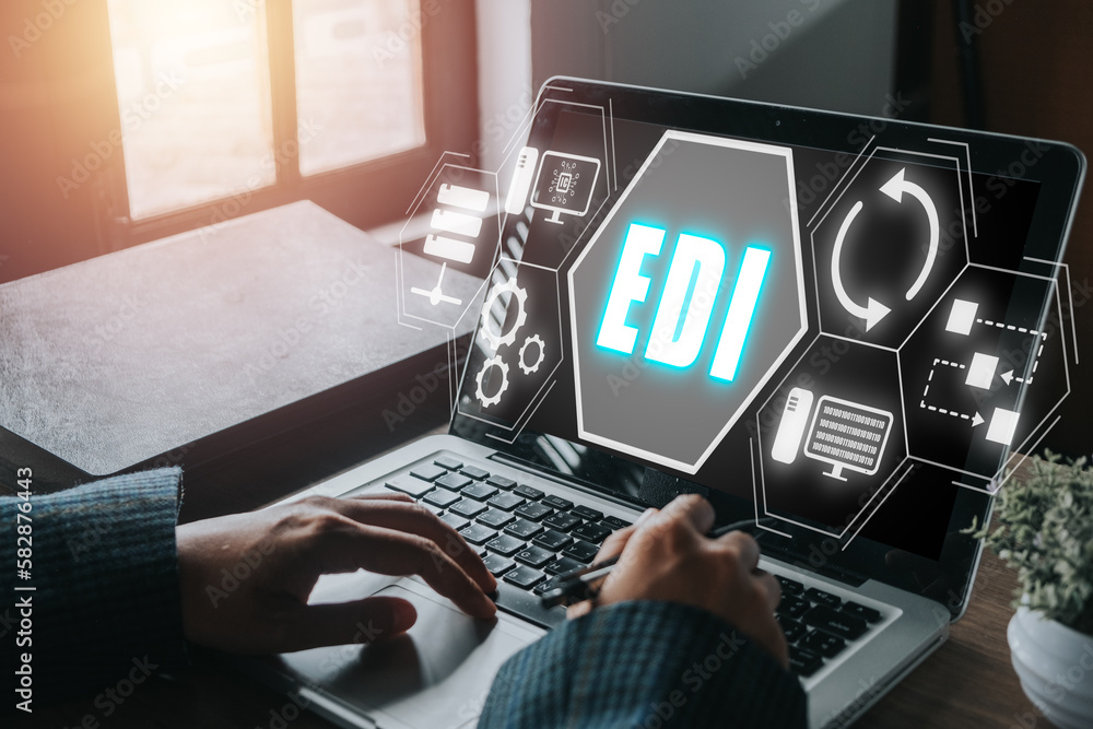 Poster edi, electronic data interchange concept, person using computer on office desk with virtual screen e