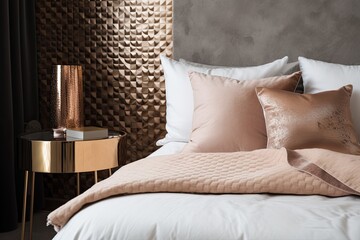 Fototapeta na wymiar Elegant cushion in chic, contemporary bedroom with gold bin. Generative AI