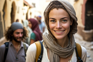 young happy woman is tourist with a backpack, in a side street with bright sunny good weather, tourism and travel or backpacker, fictional place and person. Generative AI - obrazy, fototapety, plakaty