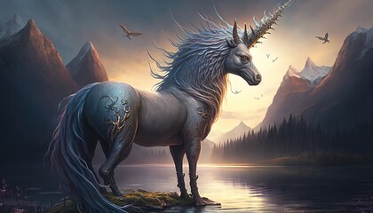 magical horse in the sunset by a river. AI generated.