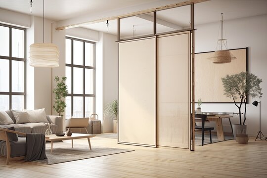 Two banners with a light beige partition wall, sideboard, and panoramic windows in the background in the living room. Parquet. a design idea for a contemporary home. Generative AI