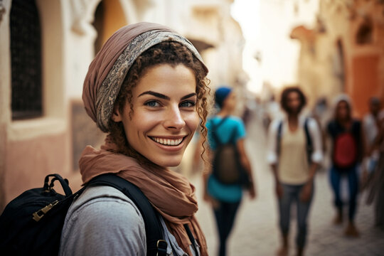 young happy woman is tourist with a backpack, in a side street with bright sunny good weather, tourism and travel or backpacker, fictional place and person. Generative AI