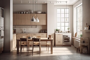 Fototapeta premium Interior of a kitchen with counters, an oven, and a table with stools. the idea of dining at home. a mockup Toned picture. Generative AI