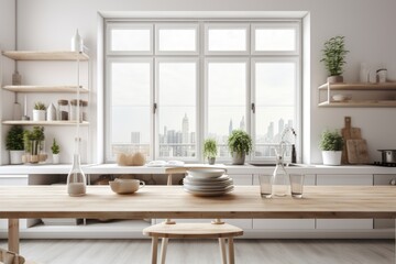 Fototapeta na wymiar White interior architecture, a wooden table top or shelf with aromatic sticks bottles above a retro kitchen with dining table and chairs, a potted plant, and panoramic windows. Generative AI