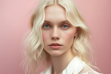 young adult woman or teenager, hair dyed blonde, against pink background. Generative AI