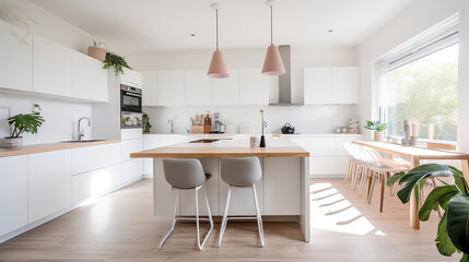 Modern bright kitchen interior. AI generated.