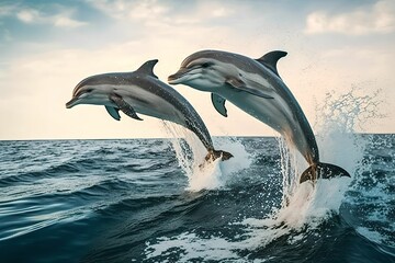 two dolphins are jumping out of the water, Generative AI