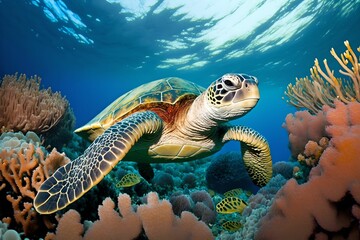 Sea turtle swimming over coral reefs, Generative AI