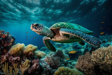 Naklejka na ściany i meble Sea turtle swimming over coral reefs, Generative AI