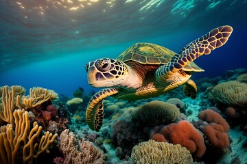 Obraz premium Sea turtle swimming over coral reefs, Generative AI